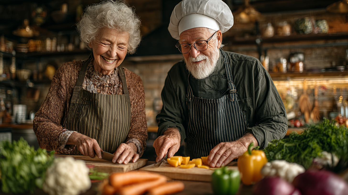 Възрастни хора готвят здравословна храна